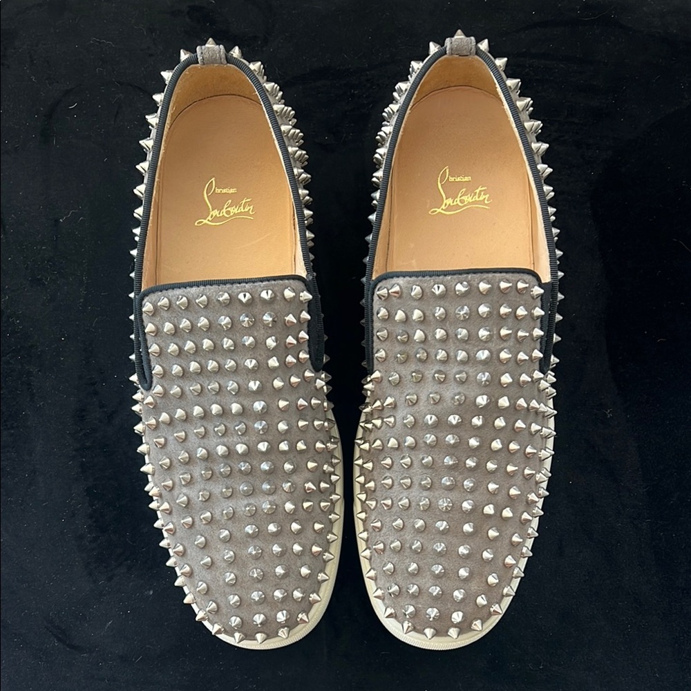 Christian Louboutin Gray Spiked Men's Shoes Suede Slip On